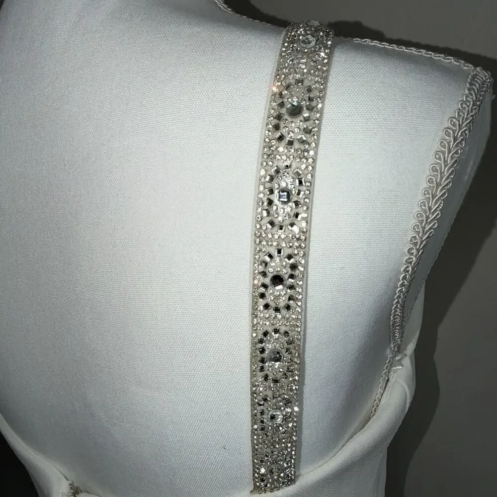 Betsy & Adam Woman’s Sz 6 White Mermaid Dress Silver Beaded Straps Cinched Waist